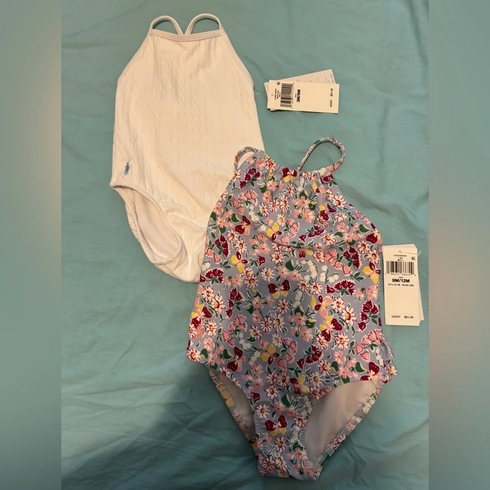 NWT baby girl polo Ralph Lauren one piece swimsuits pack of 2! Sz 3-6m, 9-12m